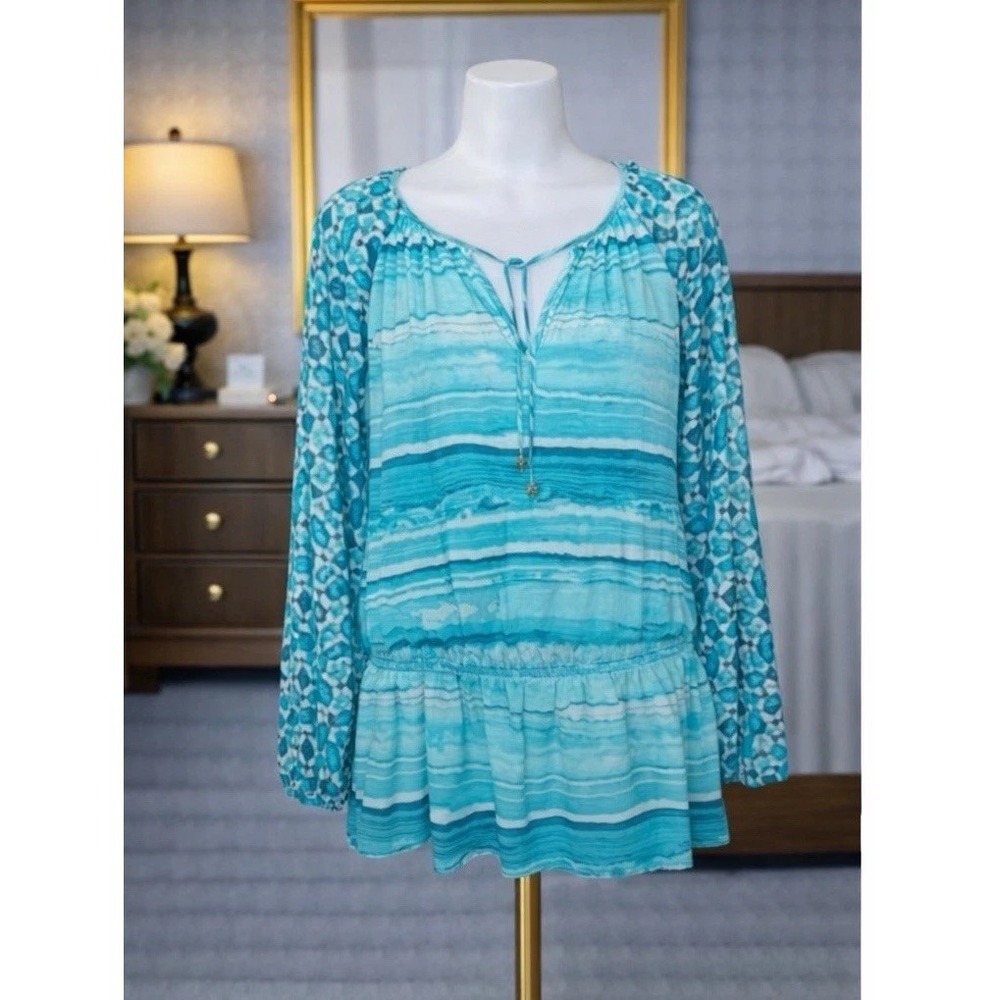 MICHAEL‎ Michael Kors Tunic Top Aqua Blue Peplum Hem Relaxed Fit Womens Size 6